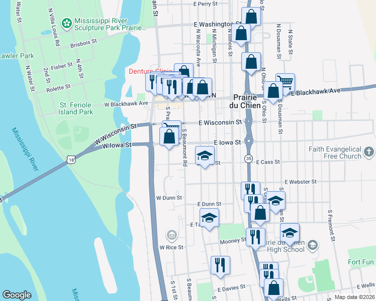 map of restaurants, bars, coffee shops, grocery stores, and more near 310 South Beaumont Road in Prairie du Chien