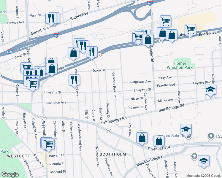 map of restaurants, bars, coffee shops, grocery stores, and more near 2417-19 E Fayette St in Syracuse