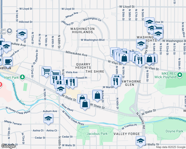 map of restaurants, bars, coffee shops, grocery stores, and more near 1316 North 64th Street in Wauwatosa