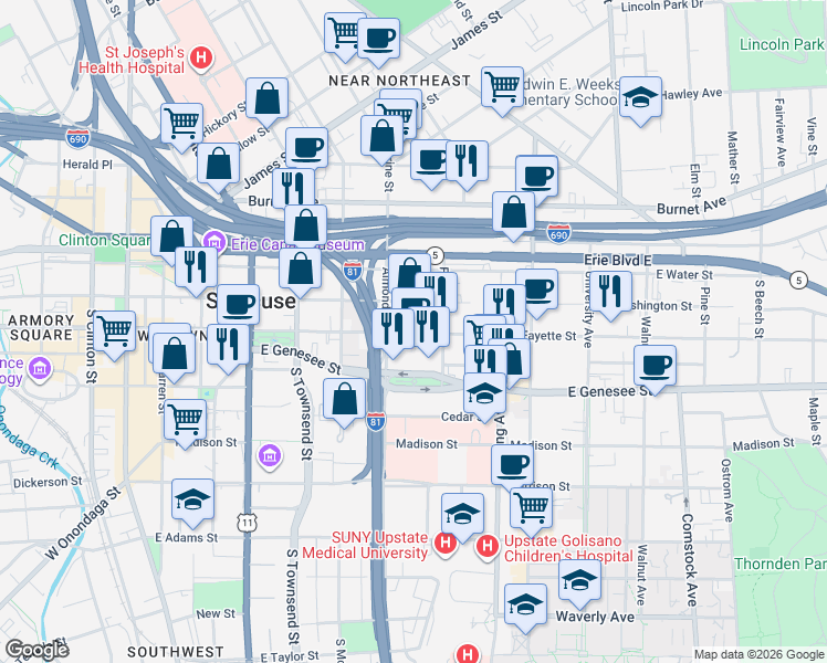 map of restaurants, bars, coffee shops, grocery stores, and more near 624 East Fayette Street in Syracuse