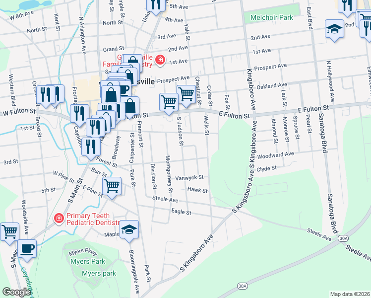map of restaurants, bars, coffee shops, grocery stores, and more near 50 South Judson Street in Gloversville