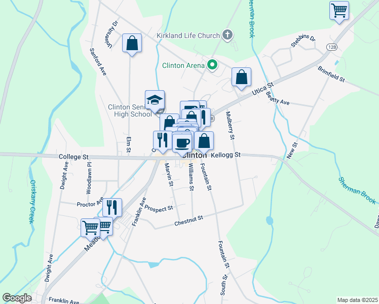 map of restaurants, bars, coffee shops, grocery stores, and more near 16 College Street in Clinton