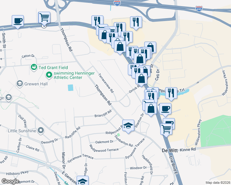 map of restaurants, bars, coffee shops, grocery stores, and more near 108 Terraceview Road in Syracuse