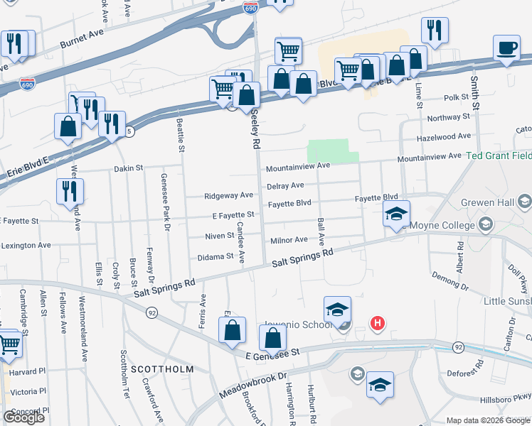 map of restaurants, bars, coffee shops, grocery stores, and more near 600 Seeley Road in Syracuse