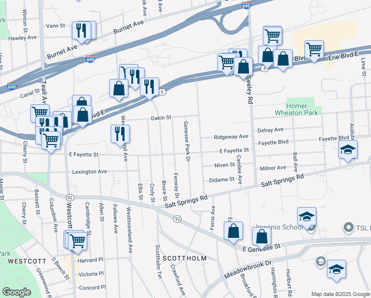 map of restaurants, bars, coffee shops, grocery stores, and more near 2417-19 East Fayette Street in Syracuse