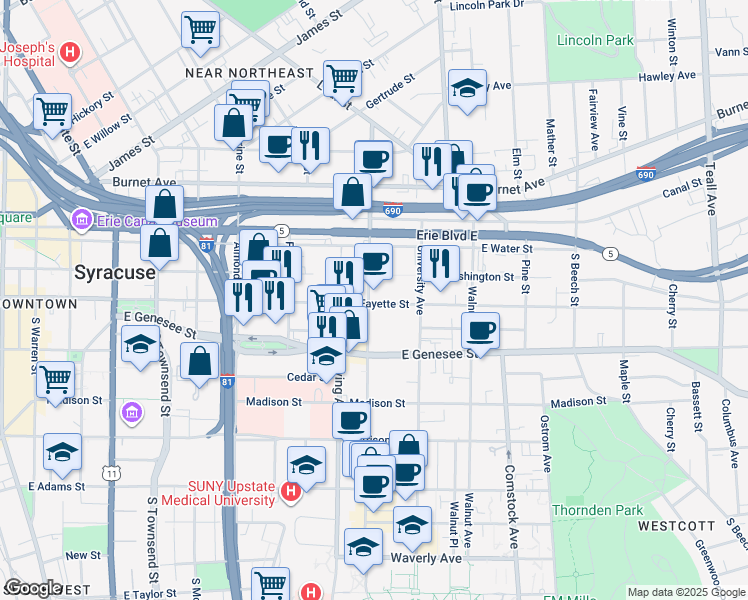 map of restaurants, bars, coffee shops, grocery stores, and more near 918 East Fayette Street in Syracuse