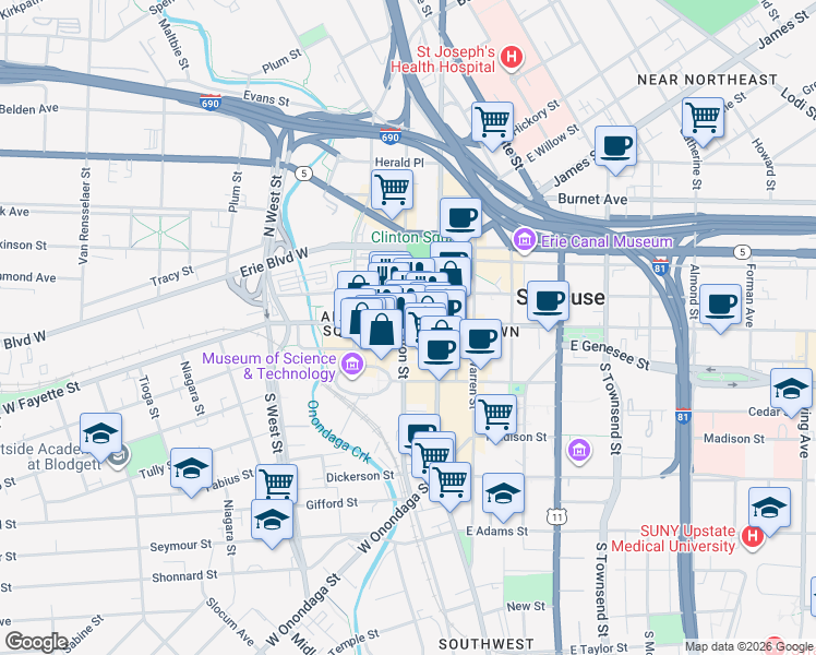 map of restaurants, bars, coffee shops, grocery stores, and more near in Syracuse