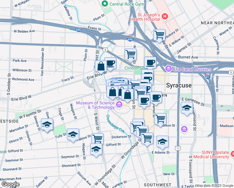 map of restaurants, bars, coffee shops, grocery stores, and more near 327 West Fayette Street in Syracuse