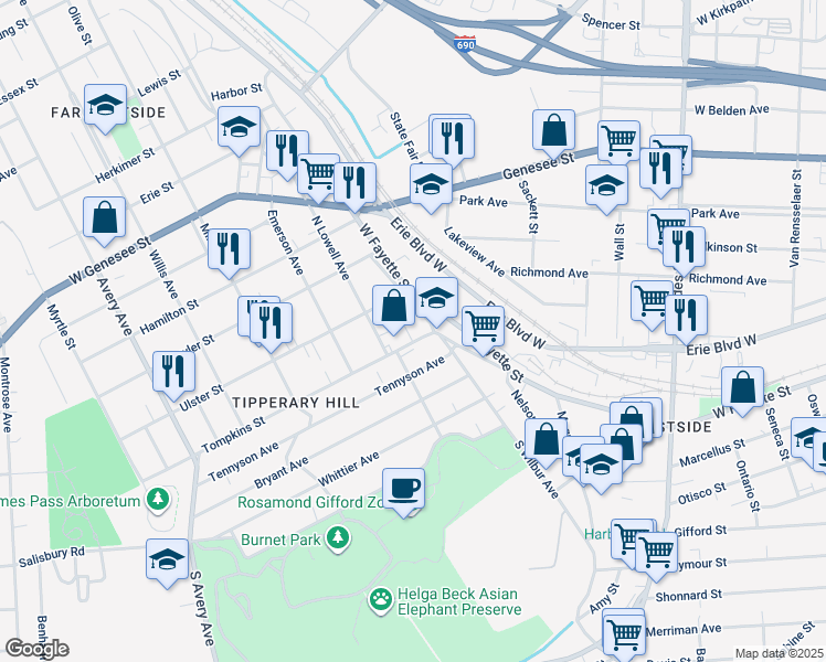 map of restaurants, bars, coffee shops, grocery stores, and more near 206 Tompkins Street in Syracuse