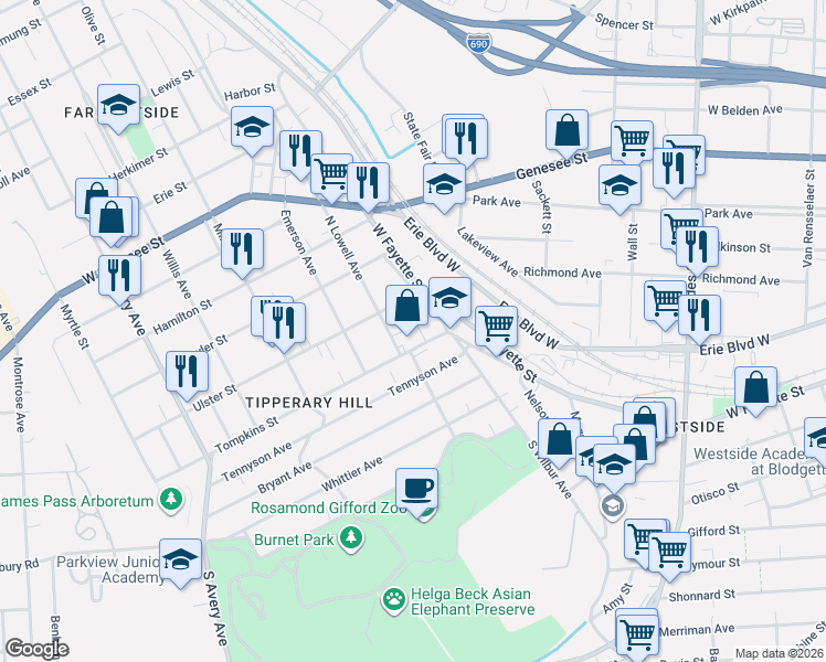 map of restaurants, bars, coffee shops, grocery stores, and more near 118-20 North Lowell Avenue in Syracuse