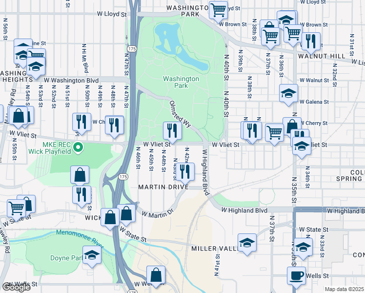map of restaurants, bars, coffee shops, grocery stores, and more near 4211 West Vliet Street in Milwaukee