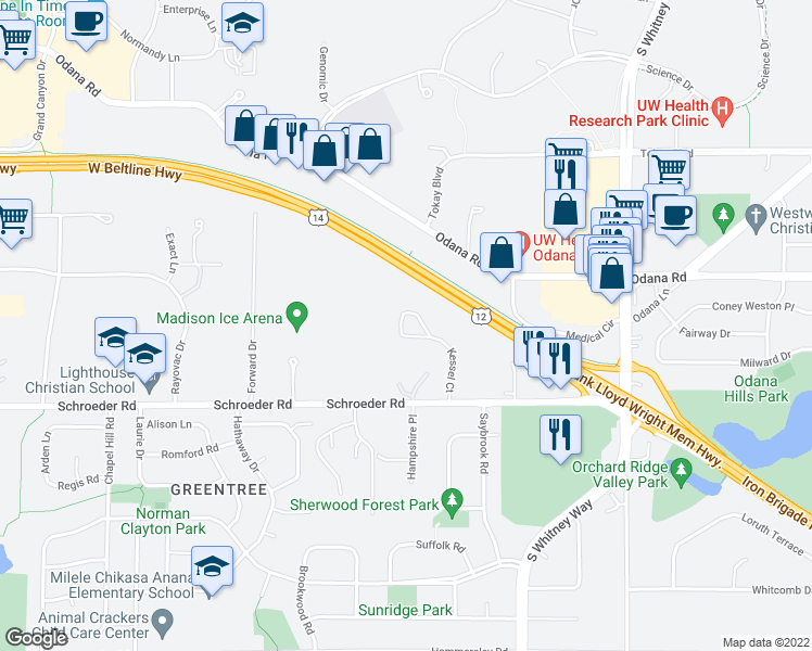 map of restaurants, bars, coffee shops, grocery stores, and more near 96 Kessel Court in Madison
