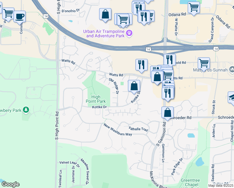map of restaurants, bars, coffee shops, grocery stores, and more near 873 Sky Ridge Drive in Madison