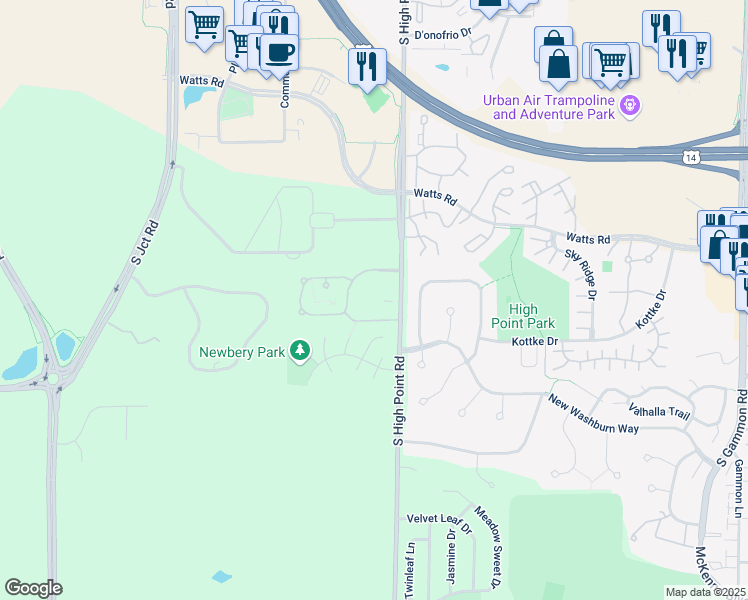 map of restaurants, bars, coffee shops, grocery stores, and more near 7710 South Brookline Drive in Madison