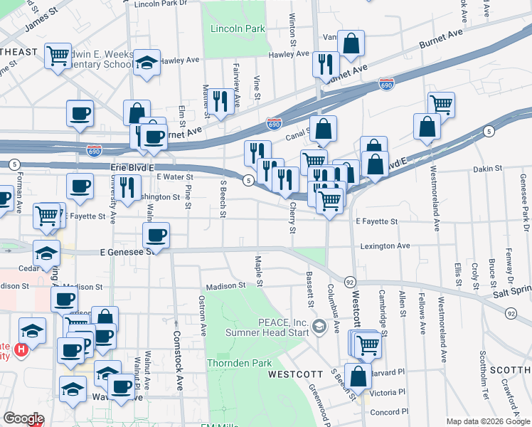 map of restaurants, bars, coffee shops, grocery stores, and more near 1507 East Fayette Street in Syracuse