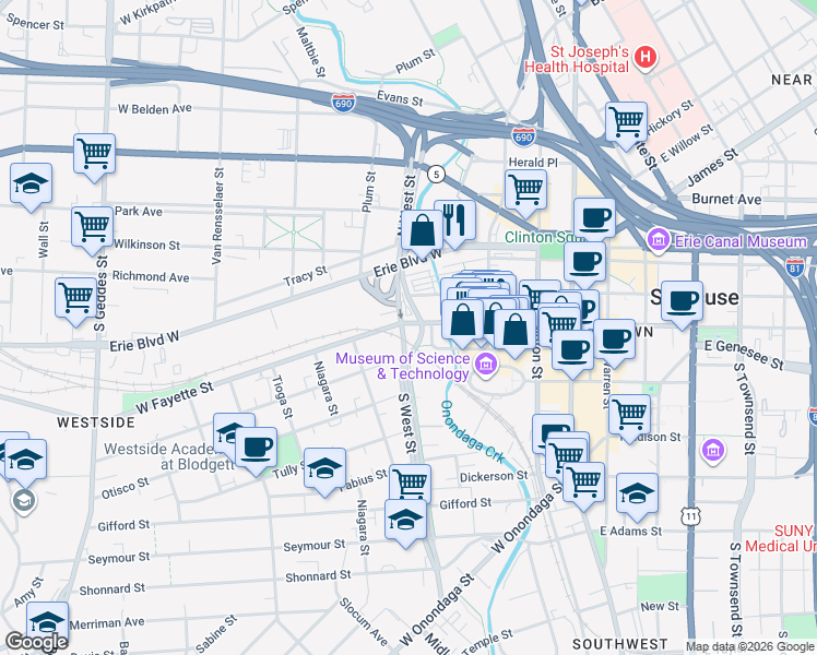 map of restaurants, bars, coffee shops, grocery stores, and more near 219 South West Street in Syracuse