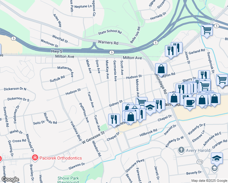 map of restaurants, bars, coffee shops, grocery stores, and more near 222 Germania Avenue in Syracuse