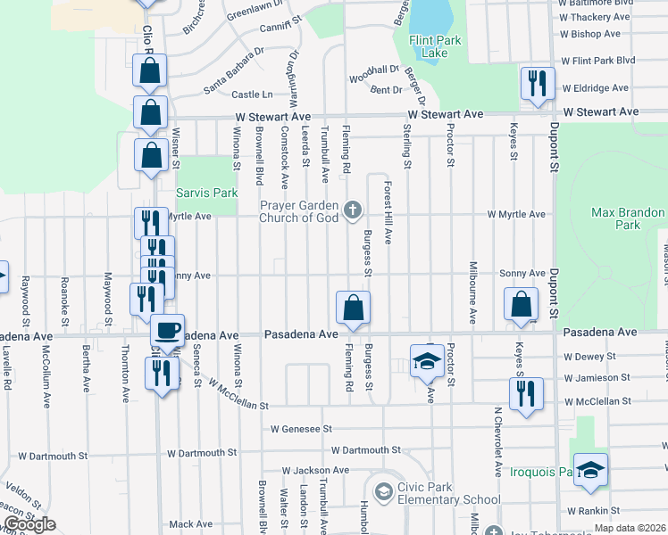 map of restaurants, bars, coffee shops, grocery stores, and more near 3702 Trumbull Drive in Flint