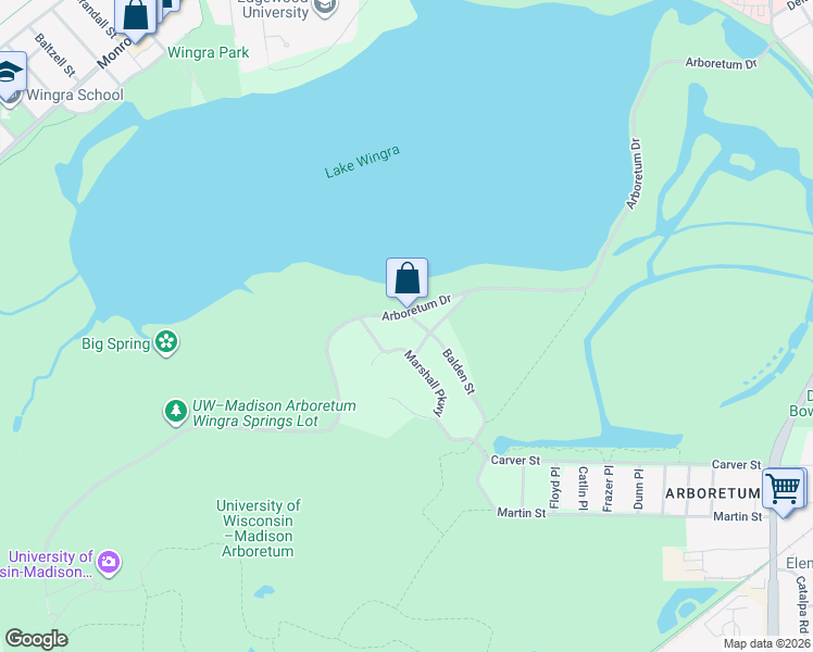 map of restaurants, bars, coffee shops, grocery stores, and more near 2601 Balden Street in Madison