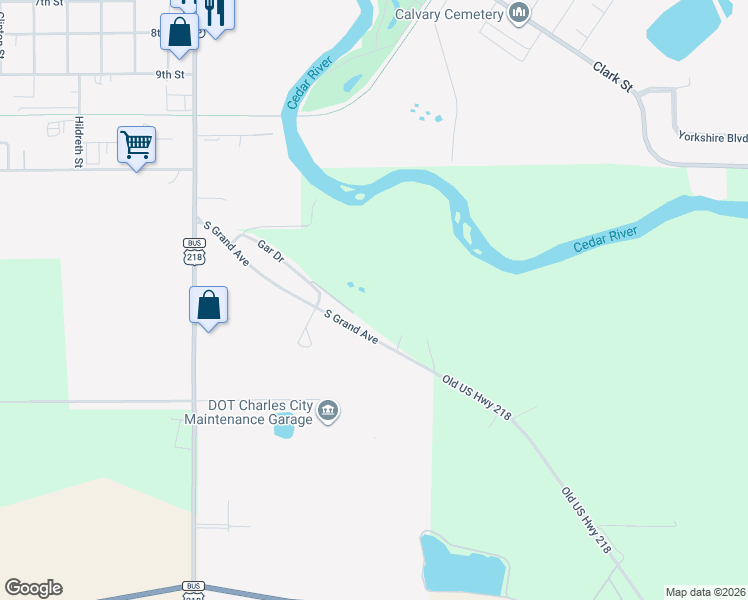 map of restaurants, bars, coffee shops, grocery stores, and more near 2138 Old Highway Road in Charles City