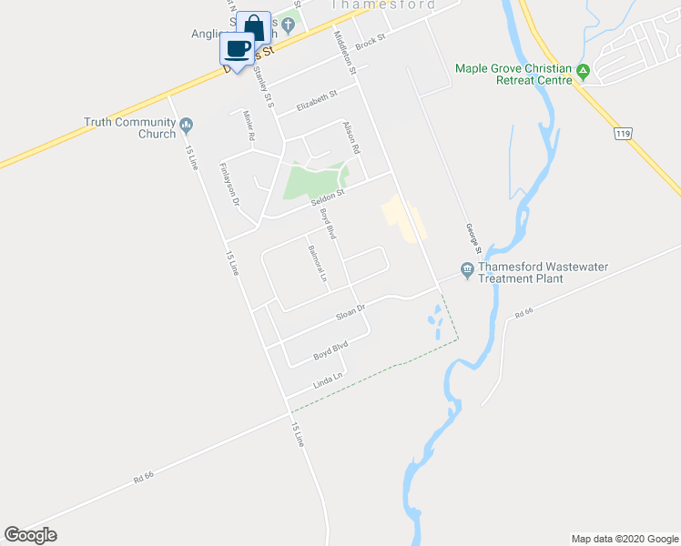 map of restaurants, bars, coffee shops, grocery stores, and more near 116 Boyd Boulevard in Thamesford