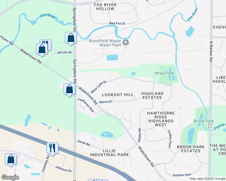 map of restaurants, bars, coffee shops, grocery stores, and more near 21540-50 Jill Ct in Brookfield