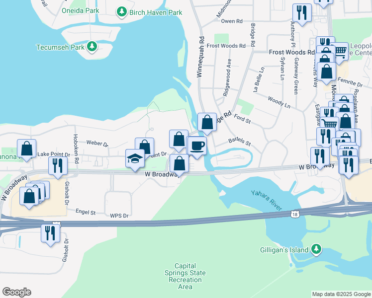 map of restaurants, bars, coffee shops, grocery stores, and more near 6406 Bridge Road in Monona