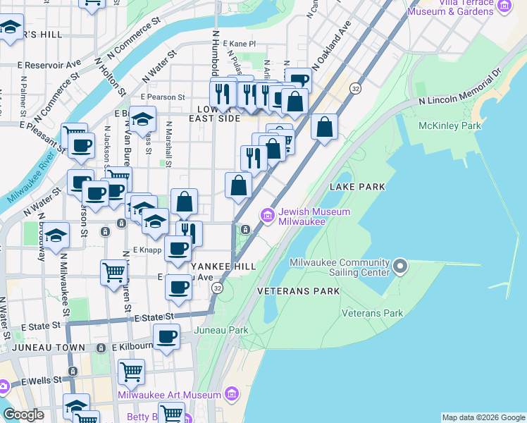 map of restaurants, bars, coffee shops, grocery stores, and more near 1425 North Prospect Avenue in Milwaukee