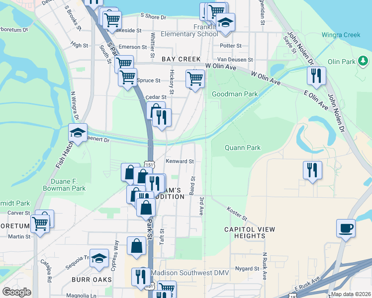 map of restaurants, bars, coffee shops, grocery stores, and more near 1707 Fisher Street in Madison