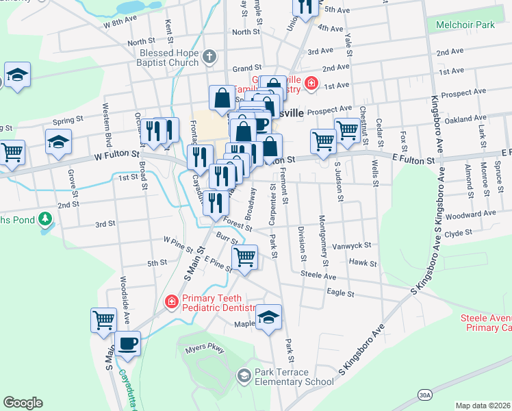 map of restaurants, bars, coffee shops, grocery stores, and more near 11-21 Broadway in Gloversville