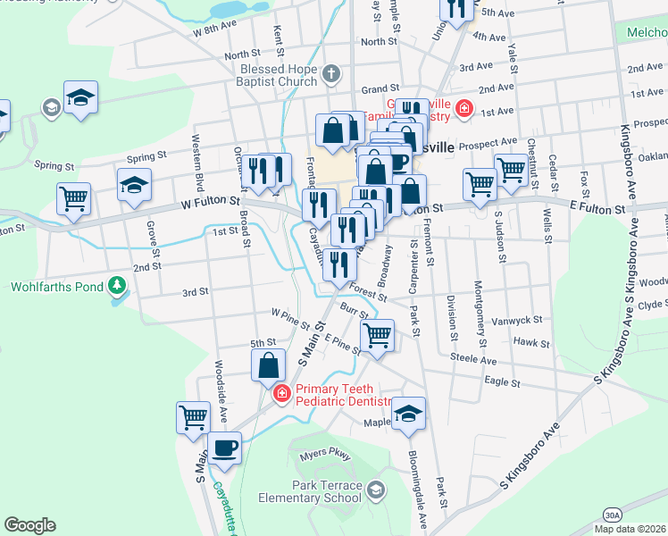 map of restaurants, bars, coffee shops, grocery stores, and more near 6 Vine Street in Gloversville