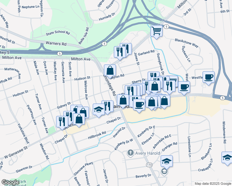 map of restaurants, bars, coffee shops, grocery stores, and more near 42 Gifford Drive in Syracuse