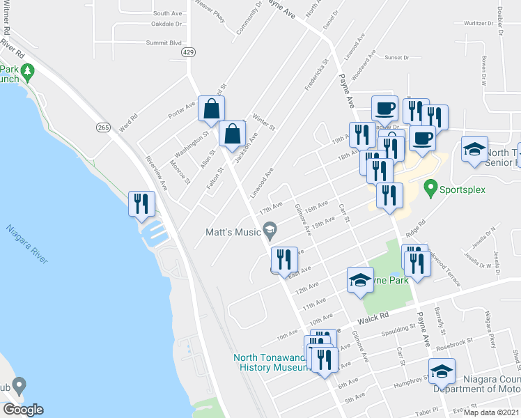 map of restaurants, bars, coffee shops, grocery stores, and more near 14 17th Avenue in North Tonawanda