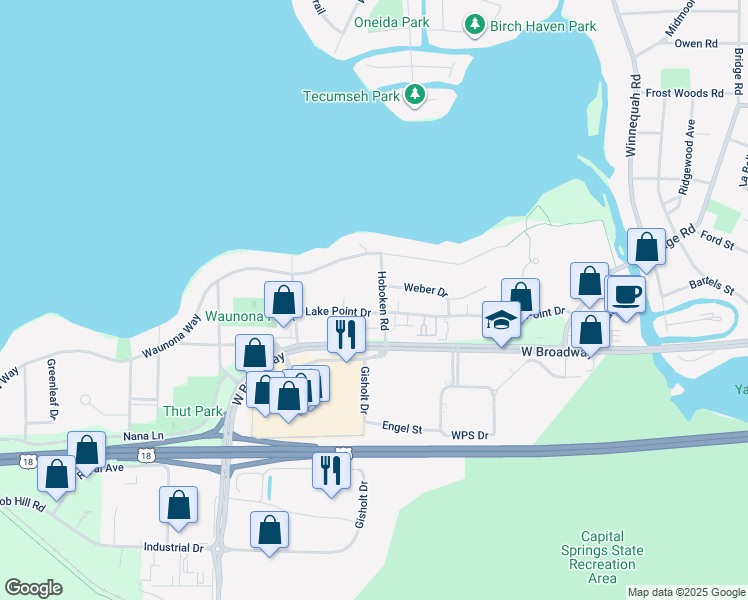 map of restaurants, bars, coffee shops, grocery stores, and more near 5315 Hoboken Road in Madison