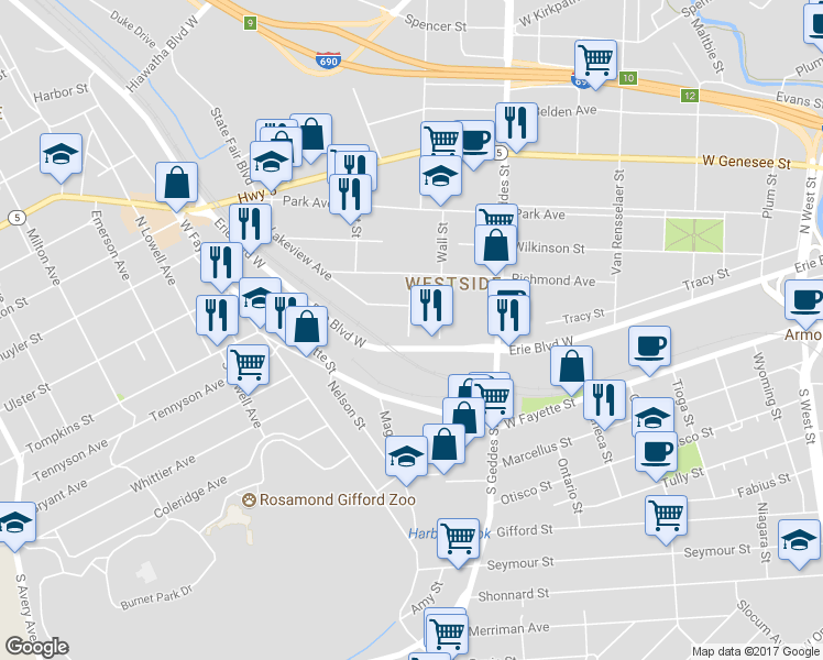 map of restaurants, bars, coffee shops, grocery stores, and more near 114 Liberty Street in Syracuse