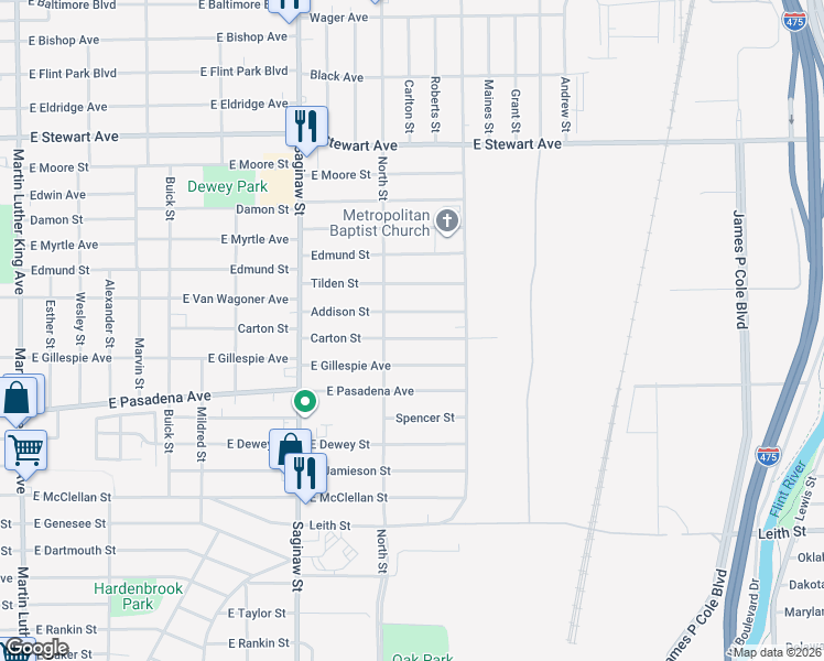 map of restaurants, bars, coffee shops, grocery stores, and more near 825 Carton Street in Flint