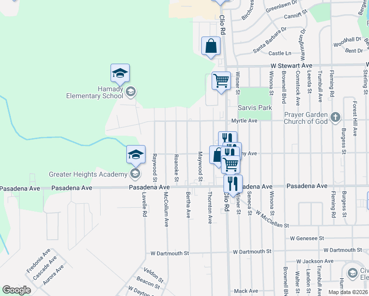 map of restaurants, bars, coffee shops, grocery stores, and more near 3080 Bertha Avenue in Flint