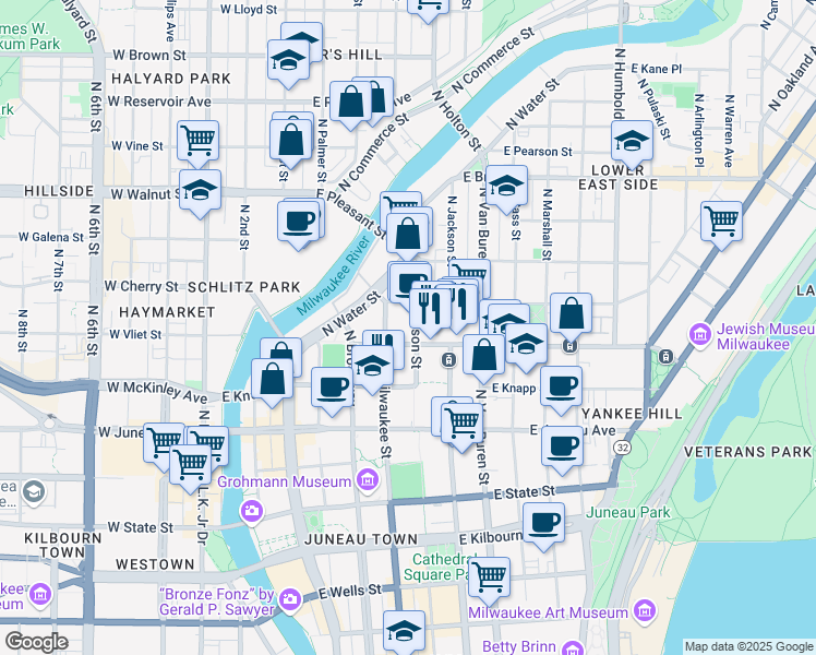 map of restaurants, bars, coffee shops, grocery stores, and more near 544 East Ogden Avenue in Milwaukee