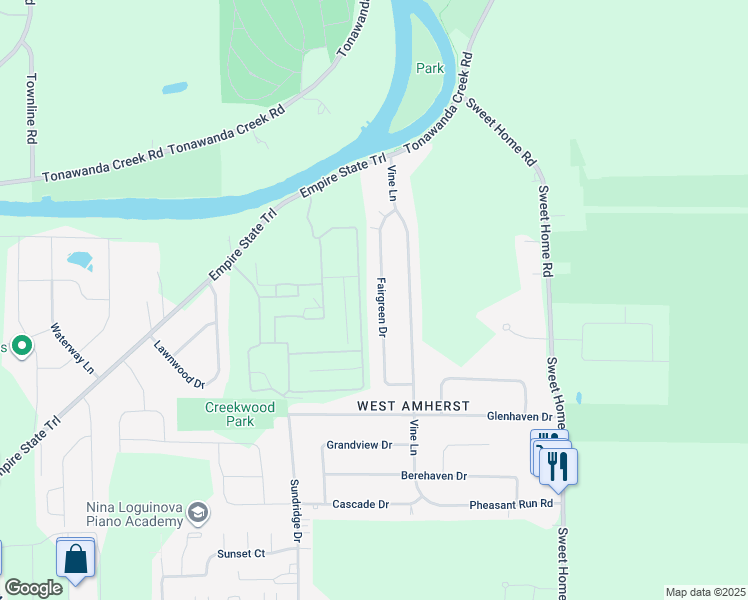 map of restaurants, bars, coffee shops, grocery stores, and more near 107 Fairgreen Drive in Buffalo