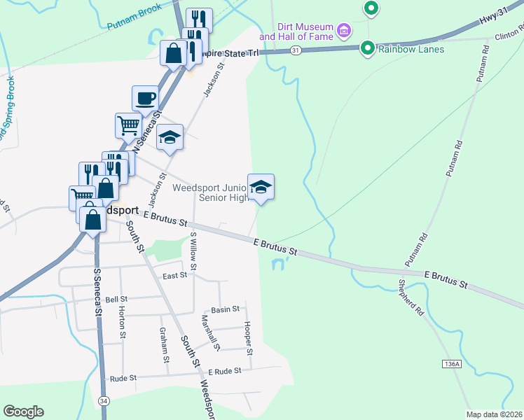 map of restaurants, bars, coffee shops, grocery stores, and more near 2821 East Brutus Street in Weedsport