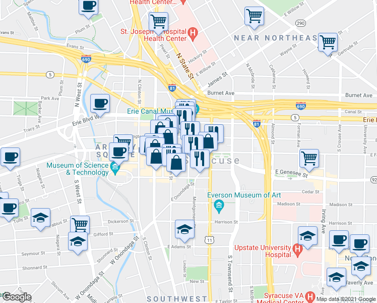 map of restaurants, bars, coffee shops, grocery stores, and more near E Fayette St & Montgomery St in Syracuse
