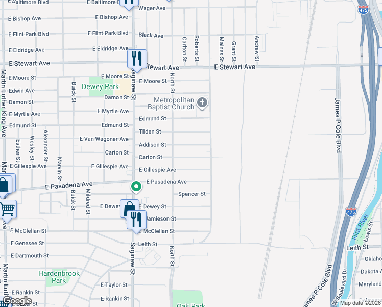 map of restaurants, bars, coffee shops, grocery stores, and more near 825 Carton Street in Flint
