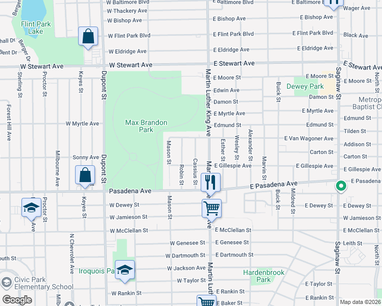 map of restaurants, bars, coffee shops, grocery stores, and more near 3617 Cassius Street in Flint