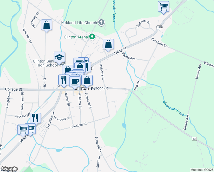 map of restaurants, bars, coffee shops, grocery stores, and more near 23 Kellogg Street in Clinton