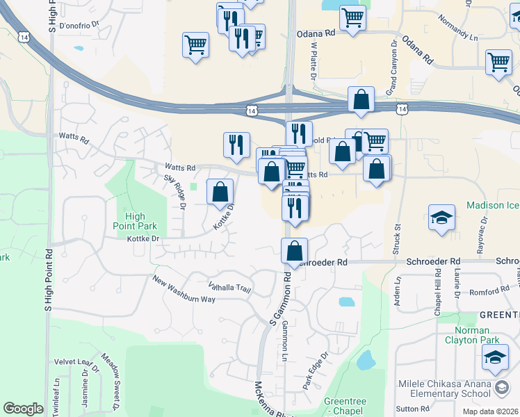 map of restaurants, bars, coffee shops, grocery stores, and more near 831 Kottke Drive in Madison
