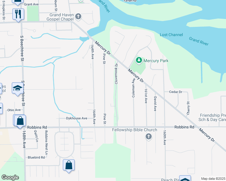 map of restaurants, bars, coffee shops, grocery stores, and more near 15401 Clovernook Drive in Grand Haven