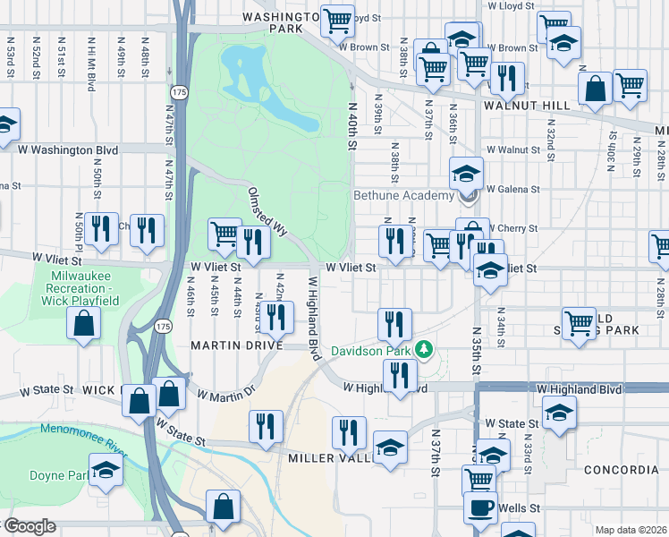 map of restaurants, bars, coffee shops, grocery stores, and more near 4266 West Highland Boulevard in Milwaukee