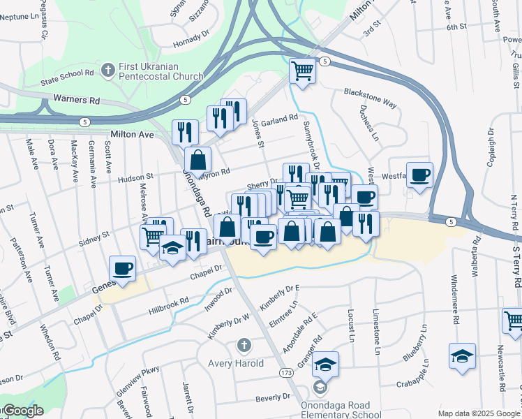 map of restaurants, bars, coffee shops, grocery stores, and more near 33 Gifford Drive in Syracuse