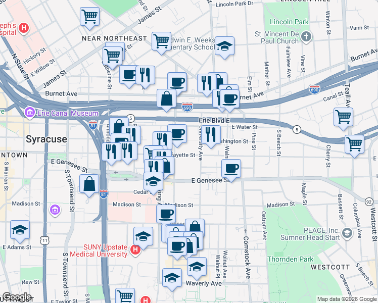 map of restaurants, bars, coffee shops, grocery stores, and more near 1031 East Fayette Street in Syracuse
