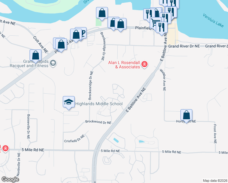 map of restaurants, bars, coffee shops, grocery stores, and more near 3330 Devonwood Drive Northeast in Grand Rapids